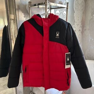 NWT SPYDER BOYS HOODED RED & BLACK JACKET SIZE L 14-16.